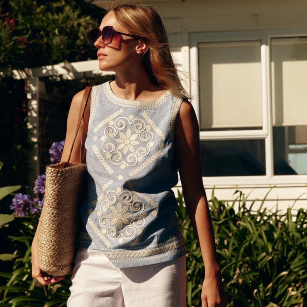 Boden embroidered linen blend top chambray